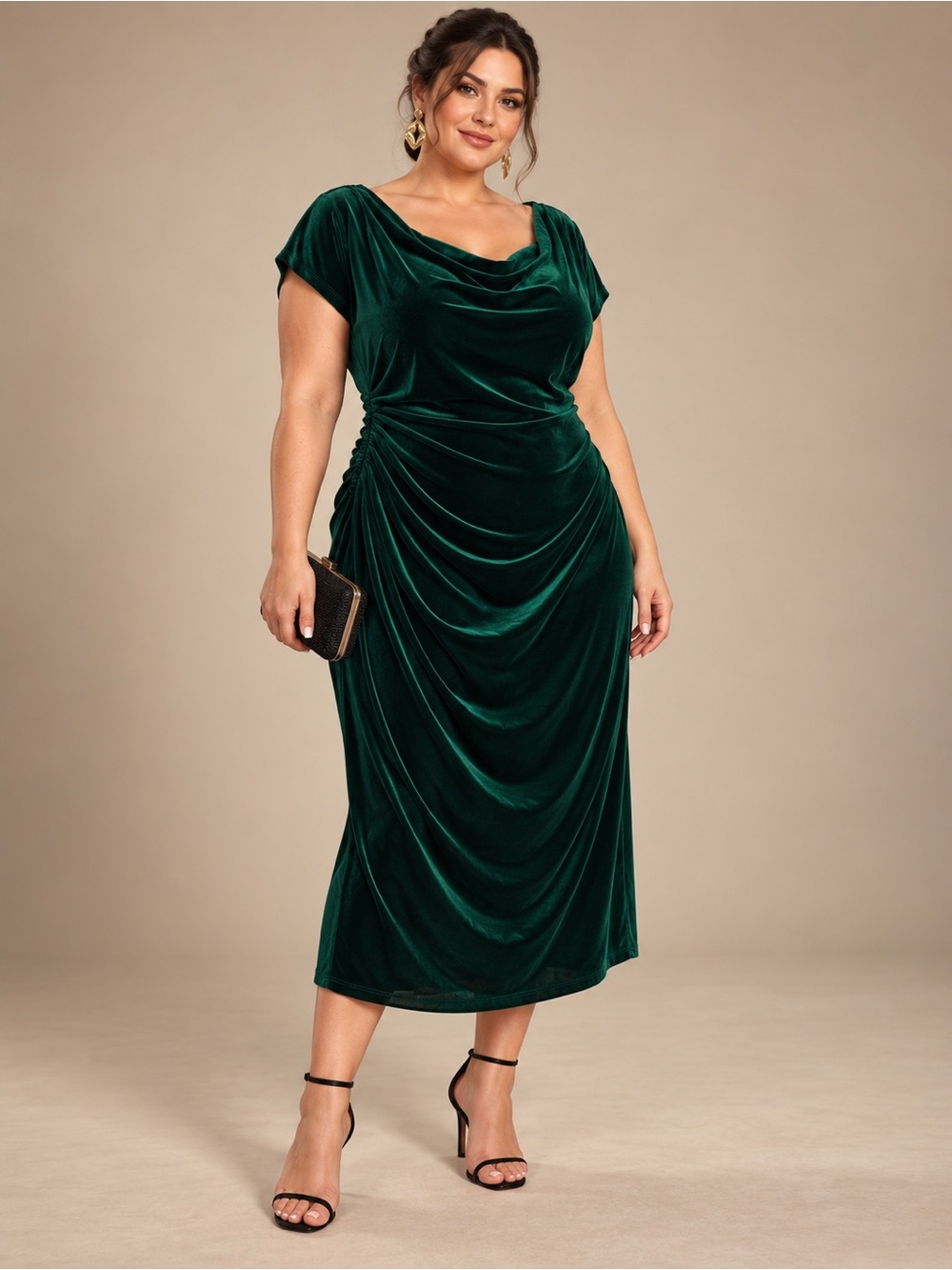 Gibson & Latimer Green Velvet Dress XXL Cowl Neck Ruched Short Sleeve.